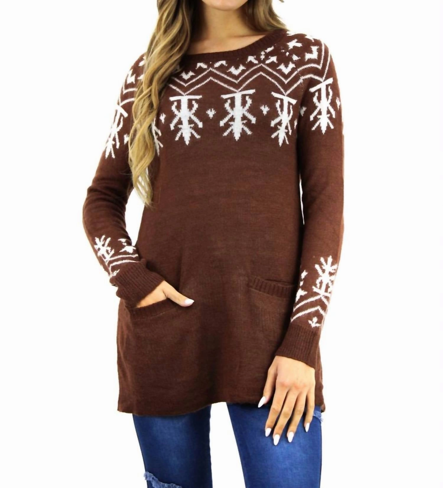 Abstract Designed Christmas Sweater In Brown Stylish Layers Trendy Look