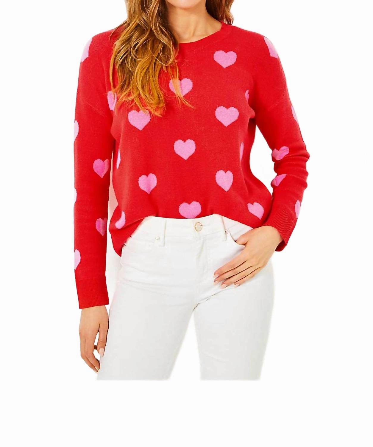 Comfy Knit Look Relaxed Silhouette Tensley Sweater In Rococo Red Hearts Jacquard