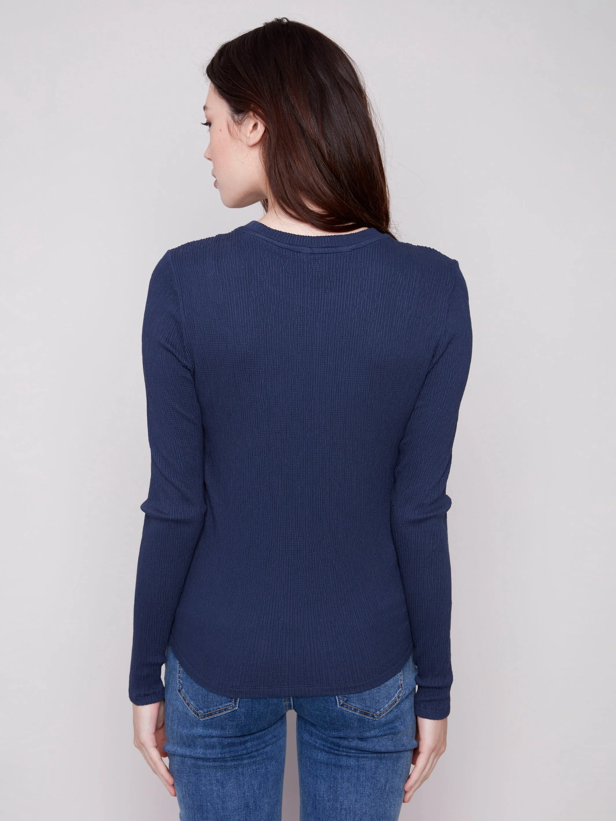 Comfortable Fabric Flexible Neckline Textured Knit Top With Front Knot Detail - Moonlight