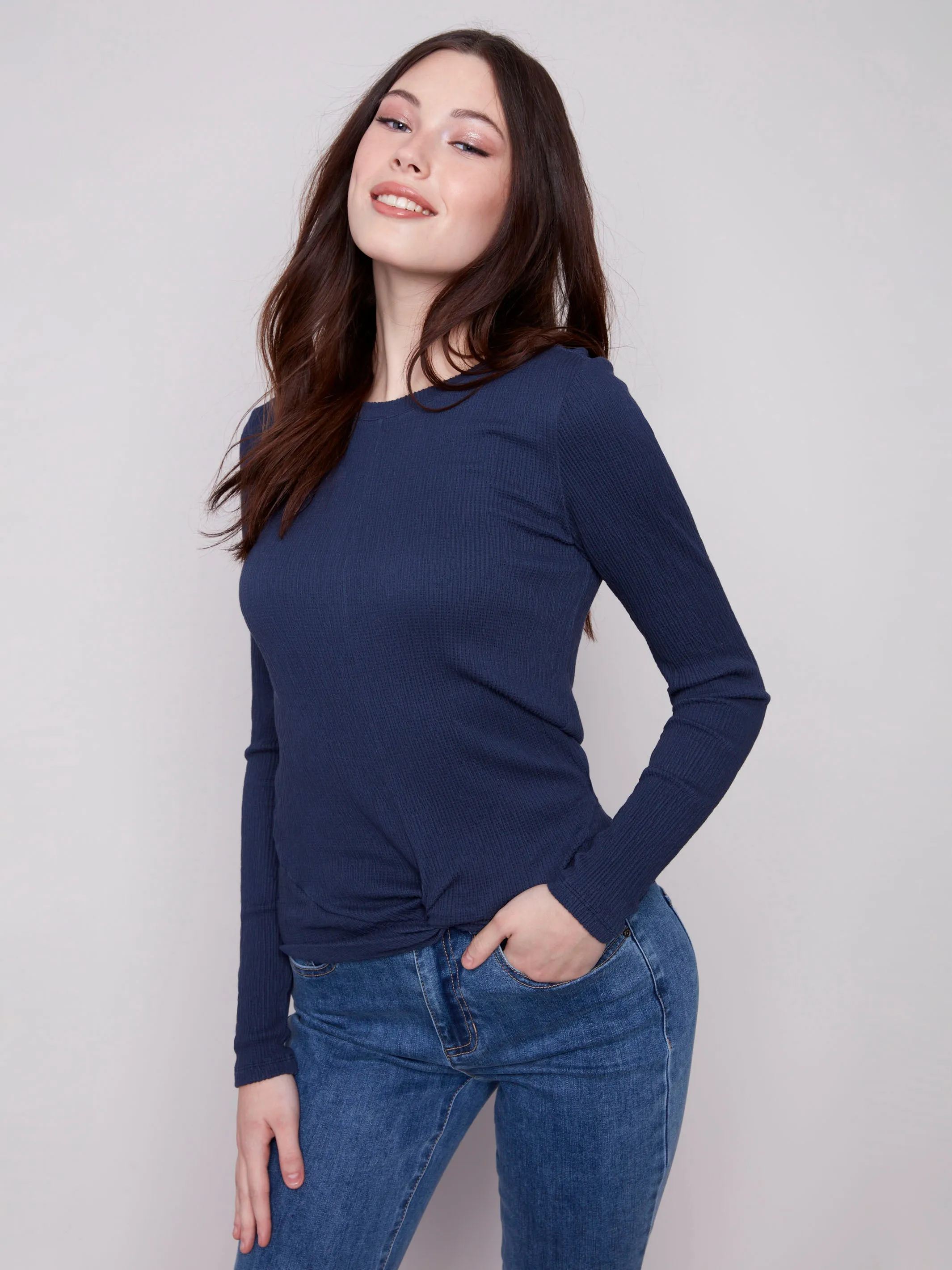 StretchTechnology Textured Knit Top With Front Knot Detail - Moonlight
