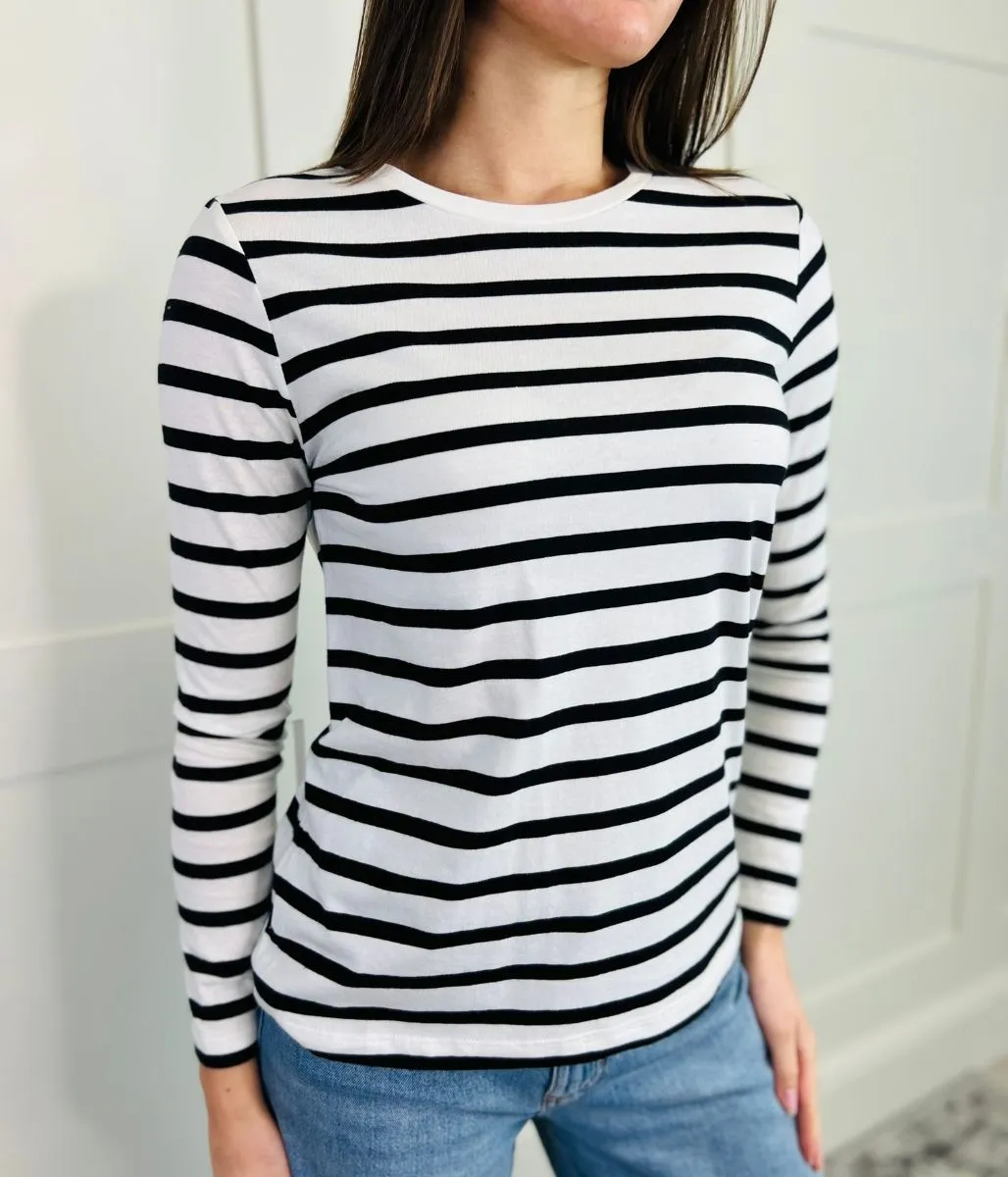 Black & White Striped Cotton Long Sleeve Top stain resistant coating