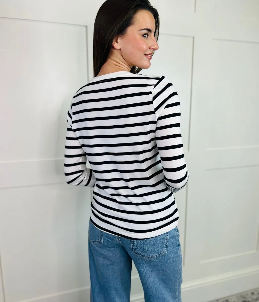 Classic Polo Soft Material Black & White Striped Cotton Long Sleeve Top