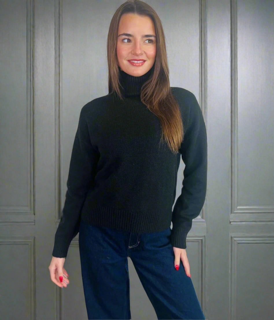 Chill Style Cozy Wear Black Soft Funnel Neck Jumper