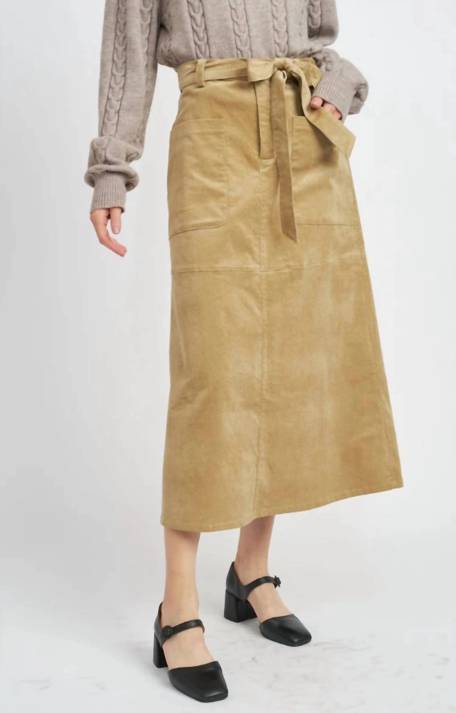 Hidden pockets Light Edge Corduroy Midi Skirt In Tan