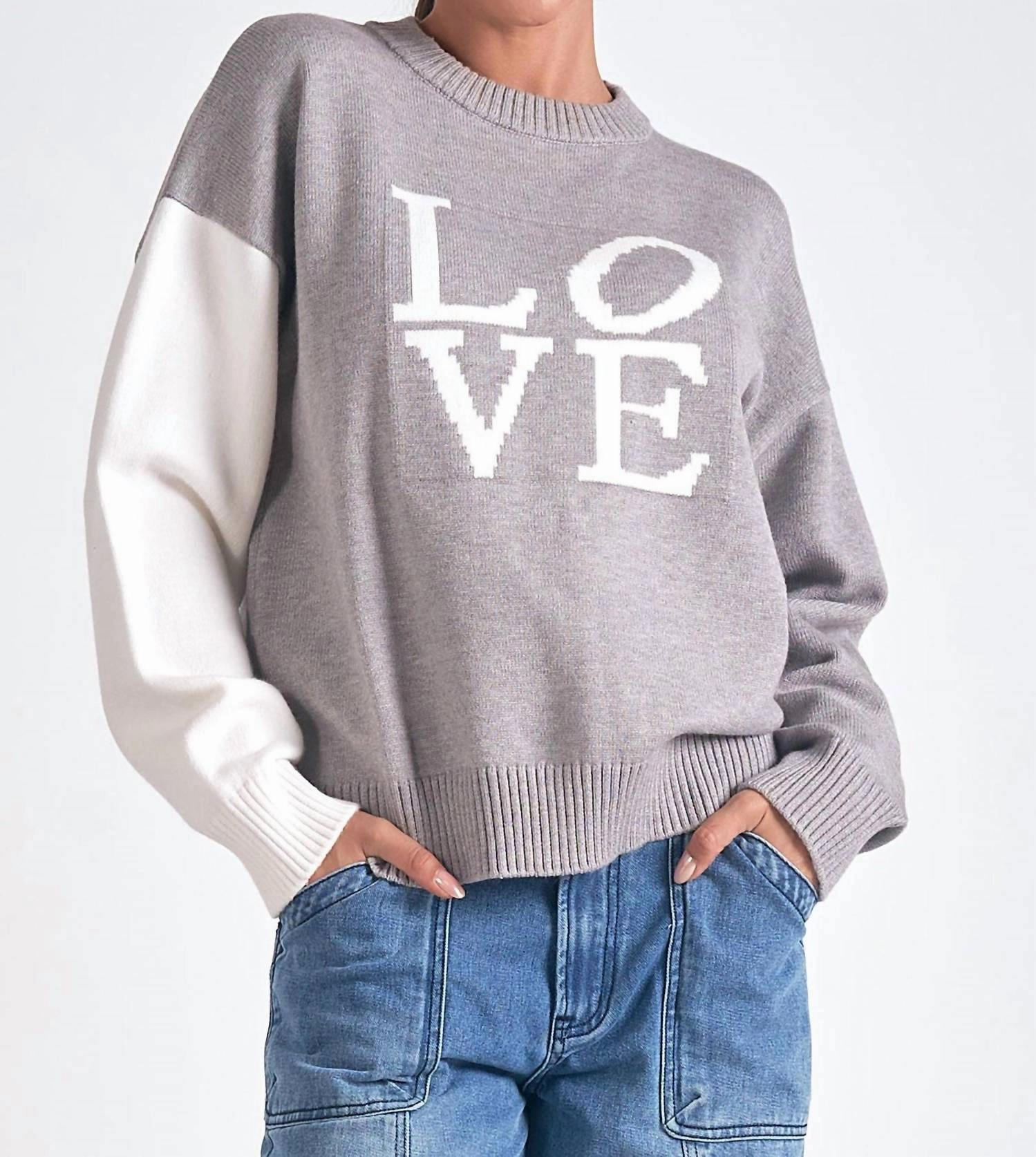 Colorblock Love Round Neck Sweater In Grey/off White Luxury Comfort