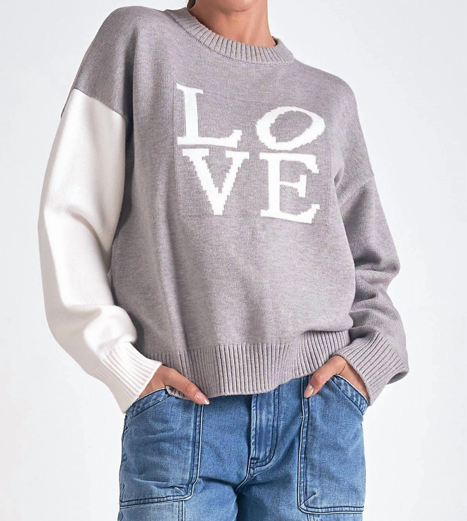 Colorblock Love Round Neck Sweater In Grey/off White Winter Wear Essentials Chilly Weather Fashion