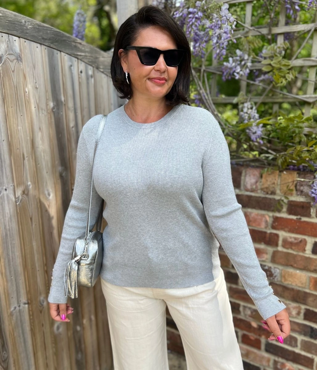 Grey Ribbed Button Cuff Jumper Effortless Knit Performance Ready