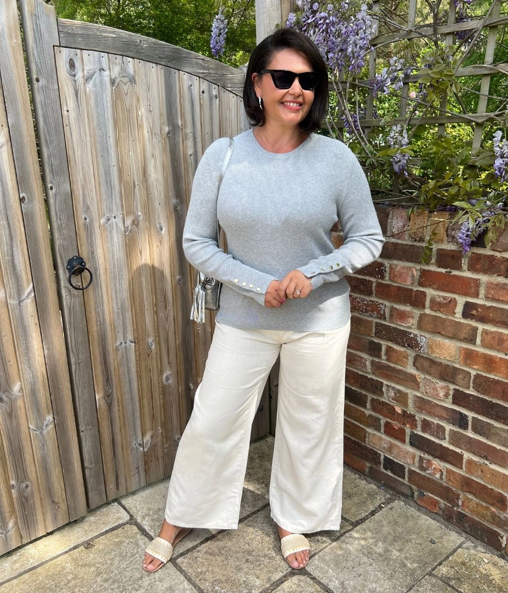 Grey Ribbed Button Cuff Jumper Comfy chic