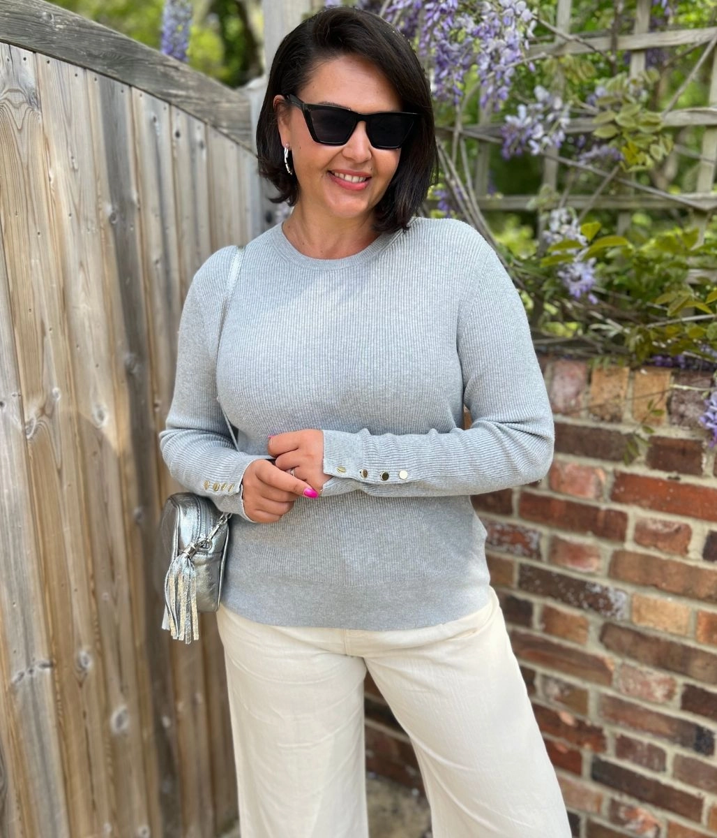 Perfect Wear Soft Interior Grey Ribbed Button Cuff Jumper