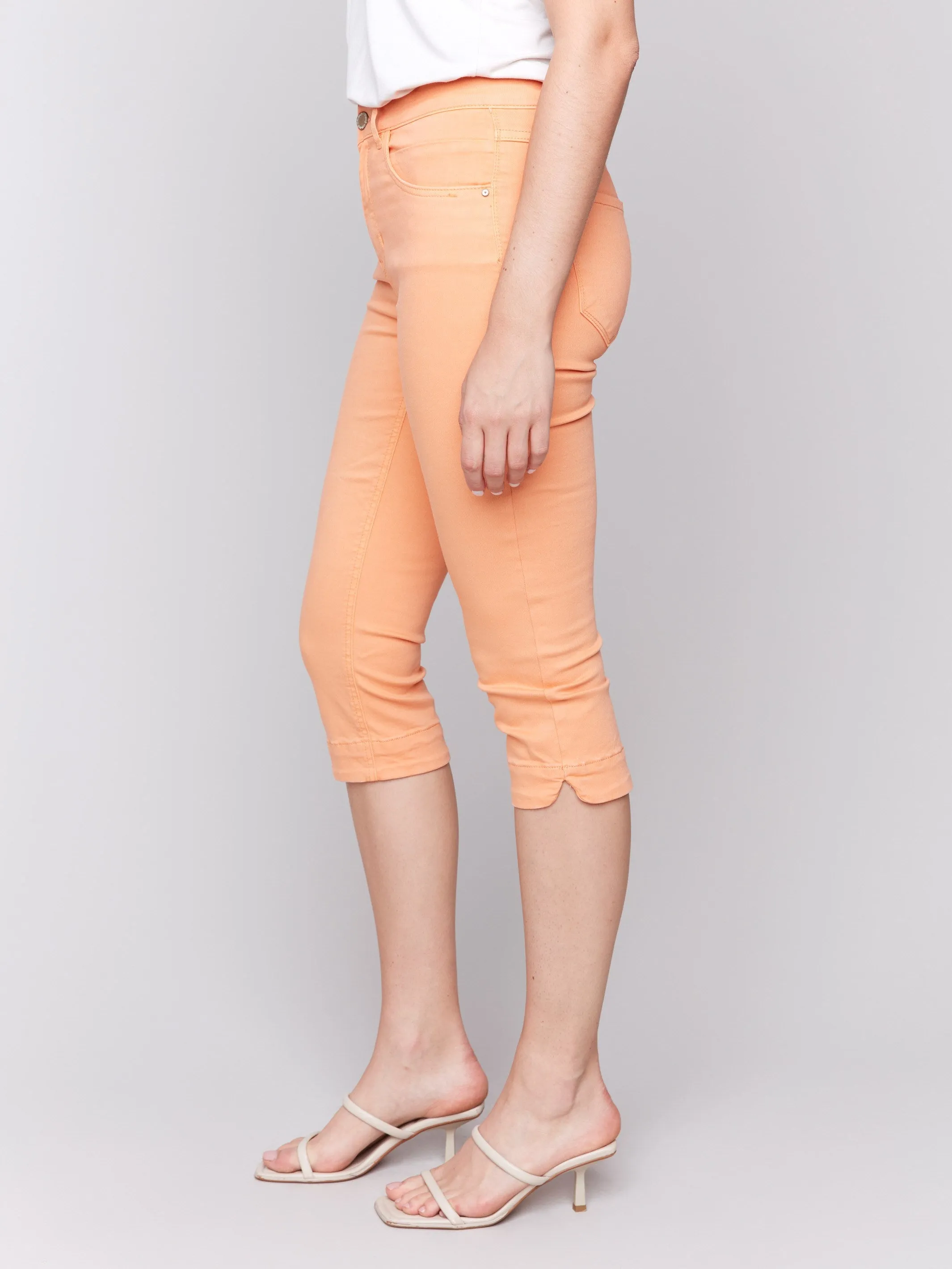 Multi Panel Construction Knee High Capri Twill Pants - Papaya