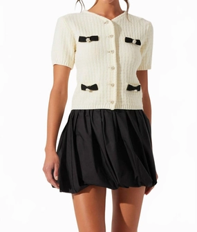 Comfy Wearable Cozy Wardrobe Averie Contrast Bow Cardigan In Cream