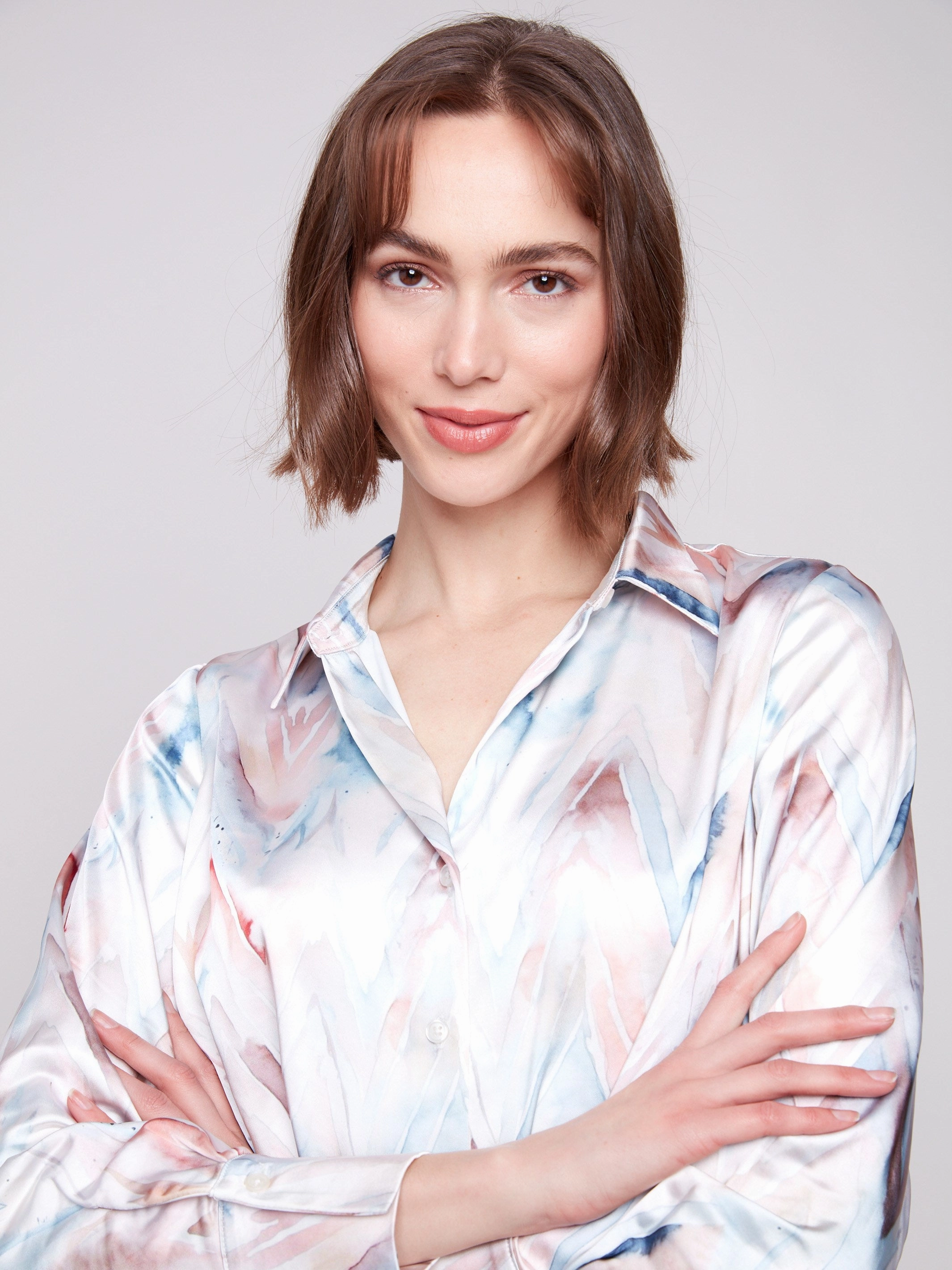 Printed Satin Button-Down Shirt With Twisted Front - Chevron Eco-friendly