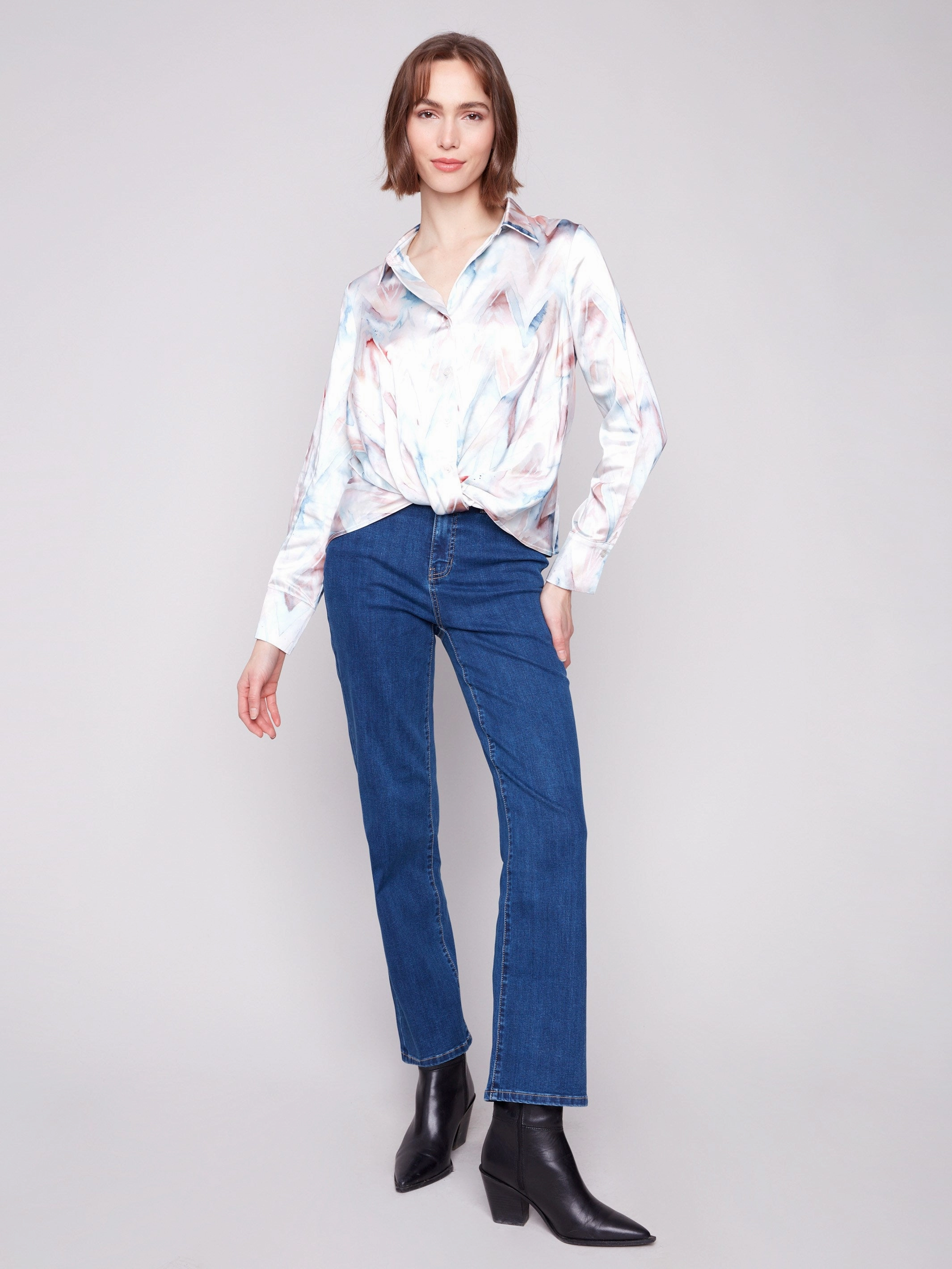 Eye-Catching Pattern Printed Satin Button-Down Shirt With Twisted Front - Chevron