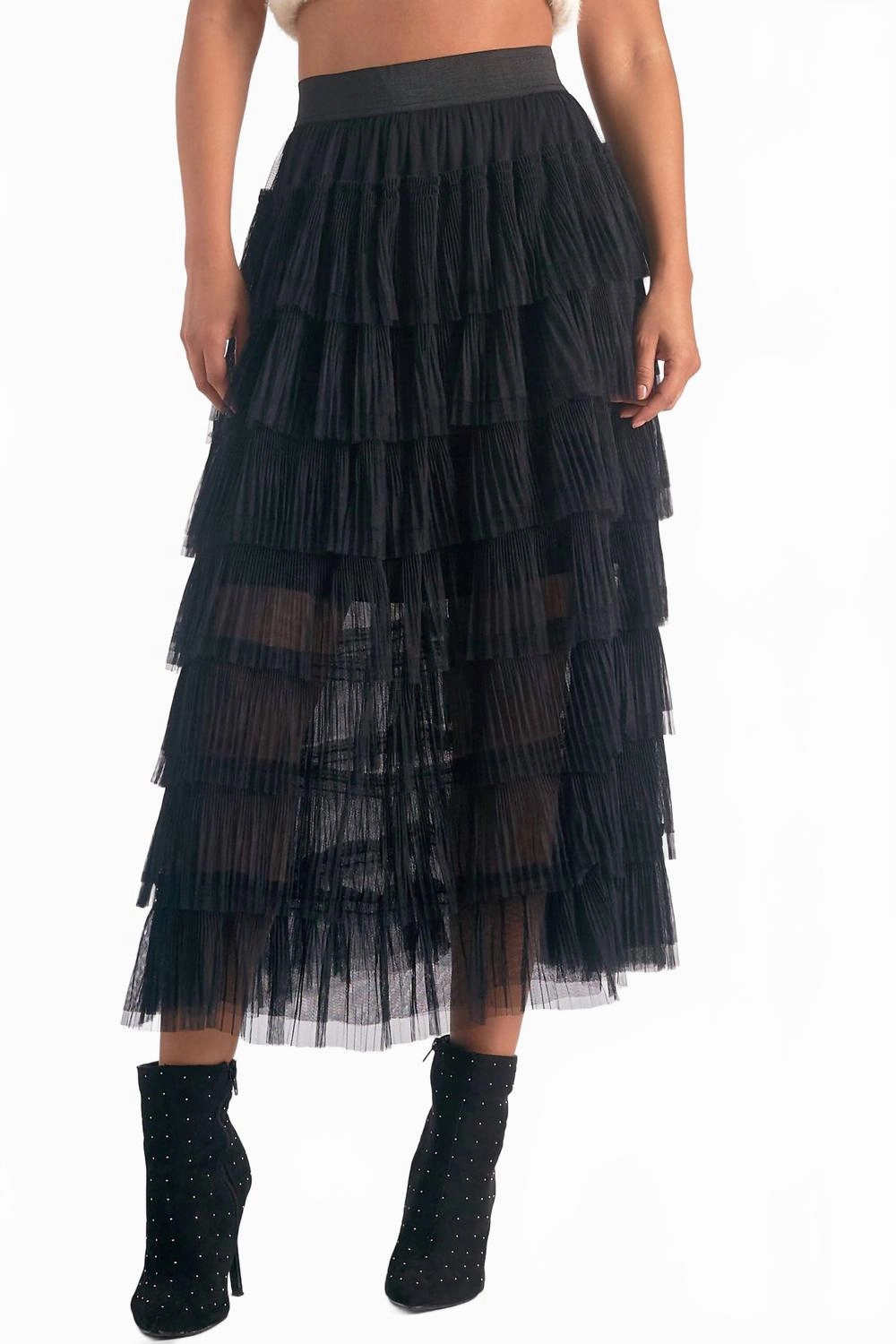 Organic Cotton Tulle Layered Midi Skirt In Black