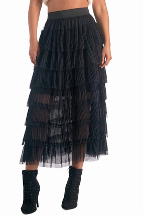 Organic Cotton Tulle Layered Midi Skirt In Black