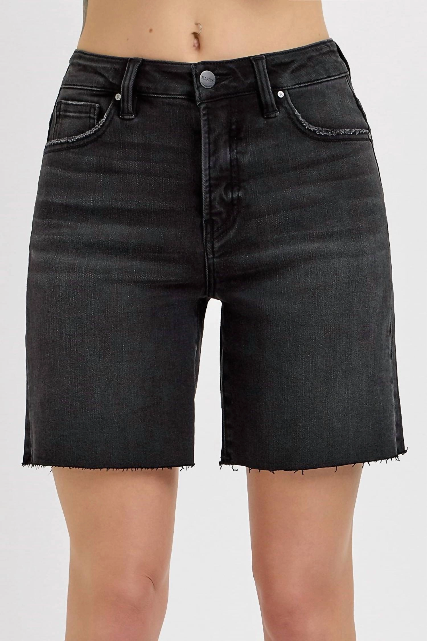 sequined details Lightweight Fabric Tummy Control High Rise Mid Length Raw Cut Hem Shorts - Plus In Black
