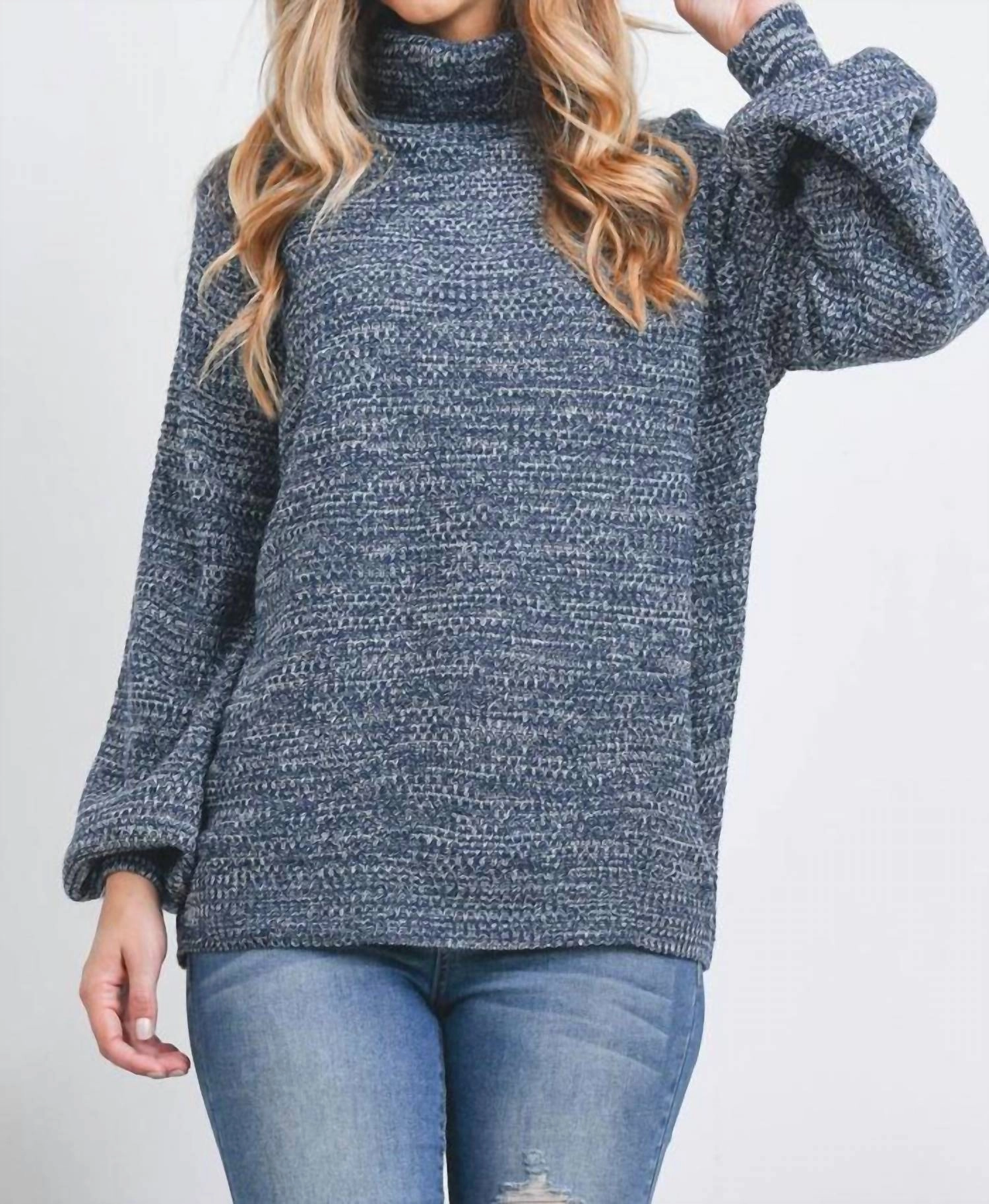 Knitwear Design Turtleneck Melange Balloon Sleeve Sweater In Navy