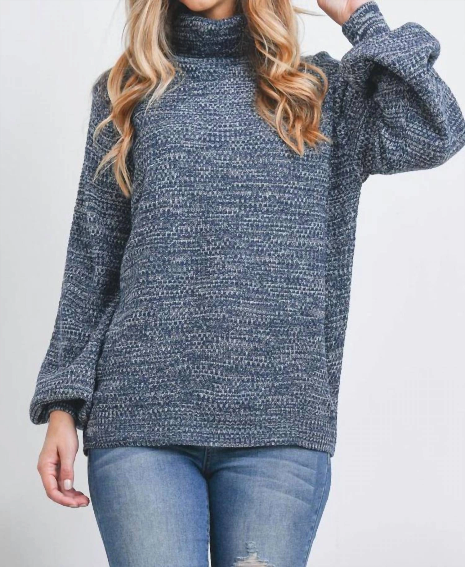 Turtleneck Melange Balloon Sleeve Sweater In Navy Everyday Comfort Wear