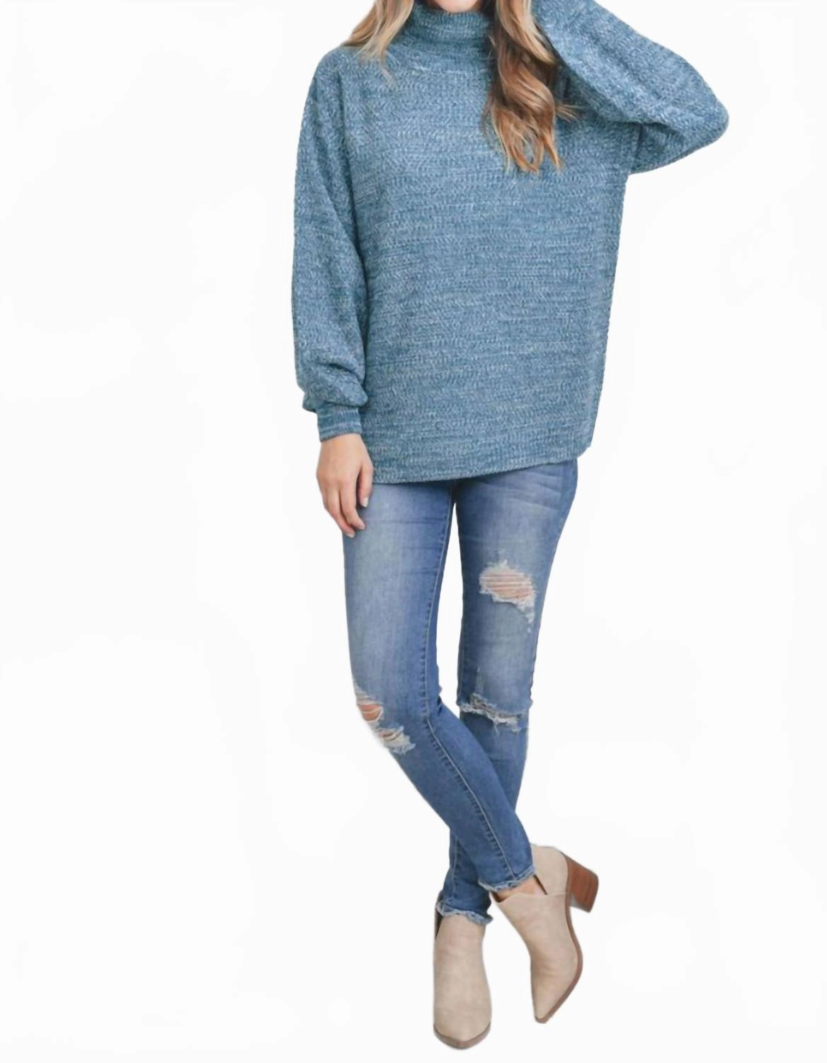Cozy Designs Essential Fashion Turtleneck Melange Balloon Sleeve Sweater In Teal