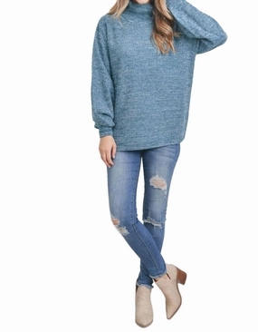 Cozy Designs Essential Fashion Turtleneck Melange Balloon Sleeve Sweater In Teal