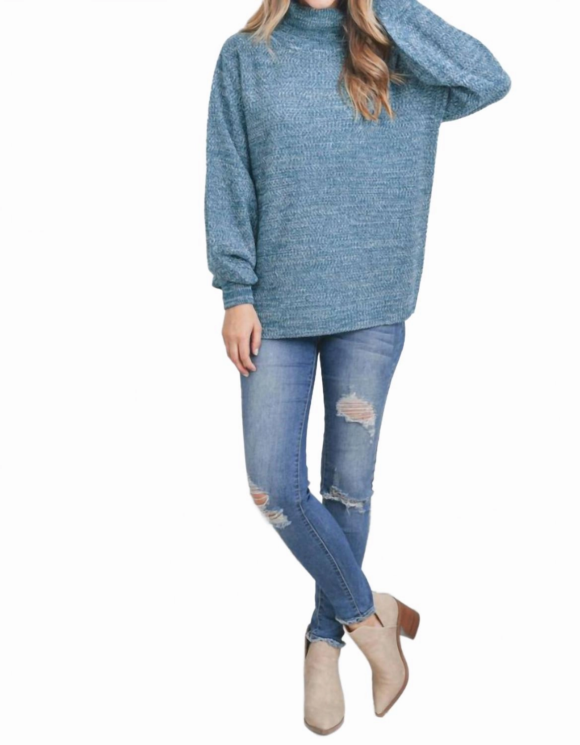 Turtleneck Melange Balloon Sleeve Sweater In Teal Everyday Wear