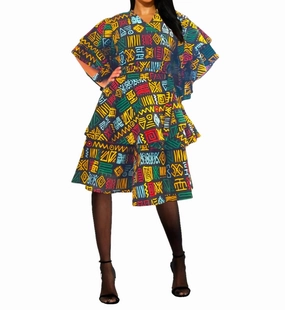 Tiered hem Smooth Cut Two Piece Rasta Wrap Blouse And Skirt Set In Black Multi Tones