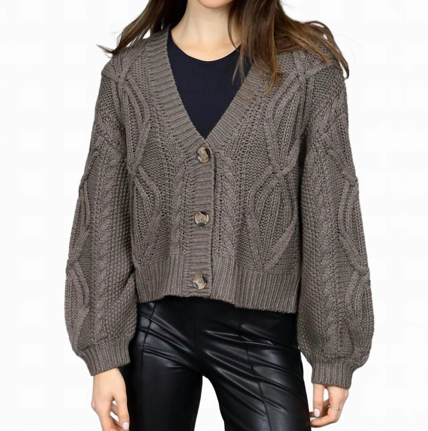 Non Irritating Seams Fade Resistant Textiles Ignacia Long Sleeve V-Neck Cardigan In Bark Melange