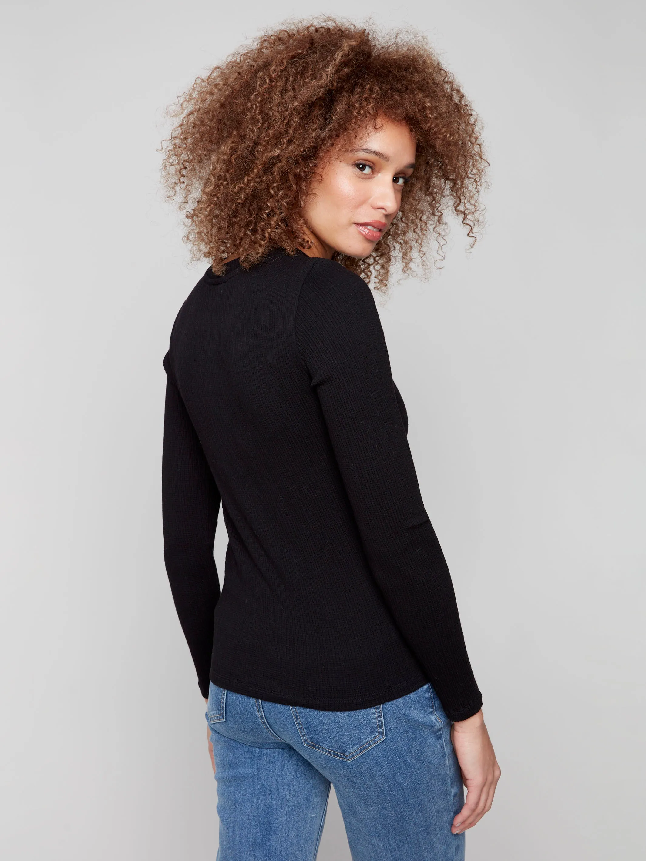 PolishedFinish OEKOTEX Certified Fabric Textured Knit Top With Front Knot Detail - Black