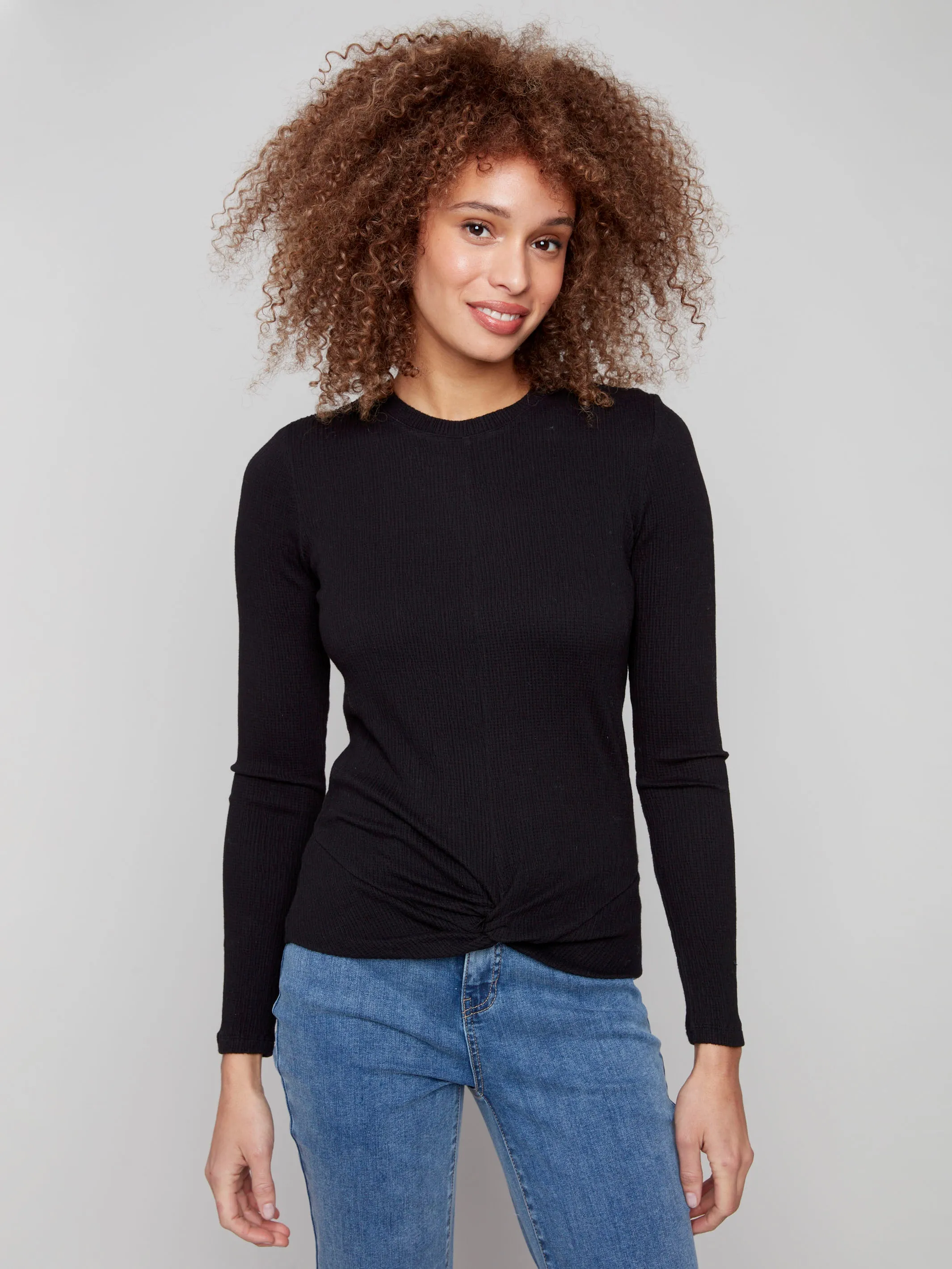 Textured Knit Top With Front Knot Detail - Black LightweightWeave
