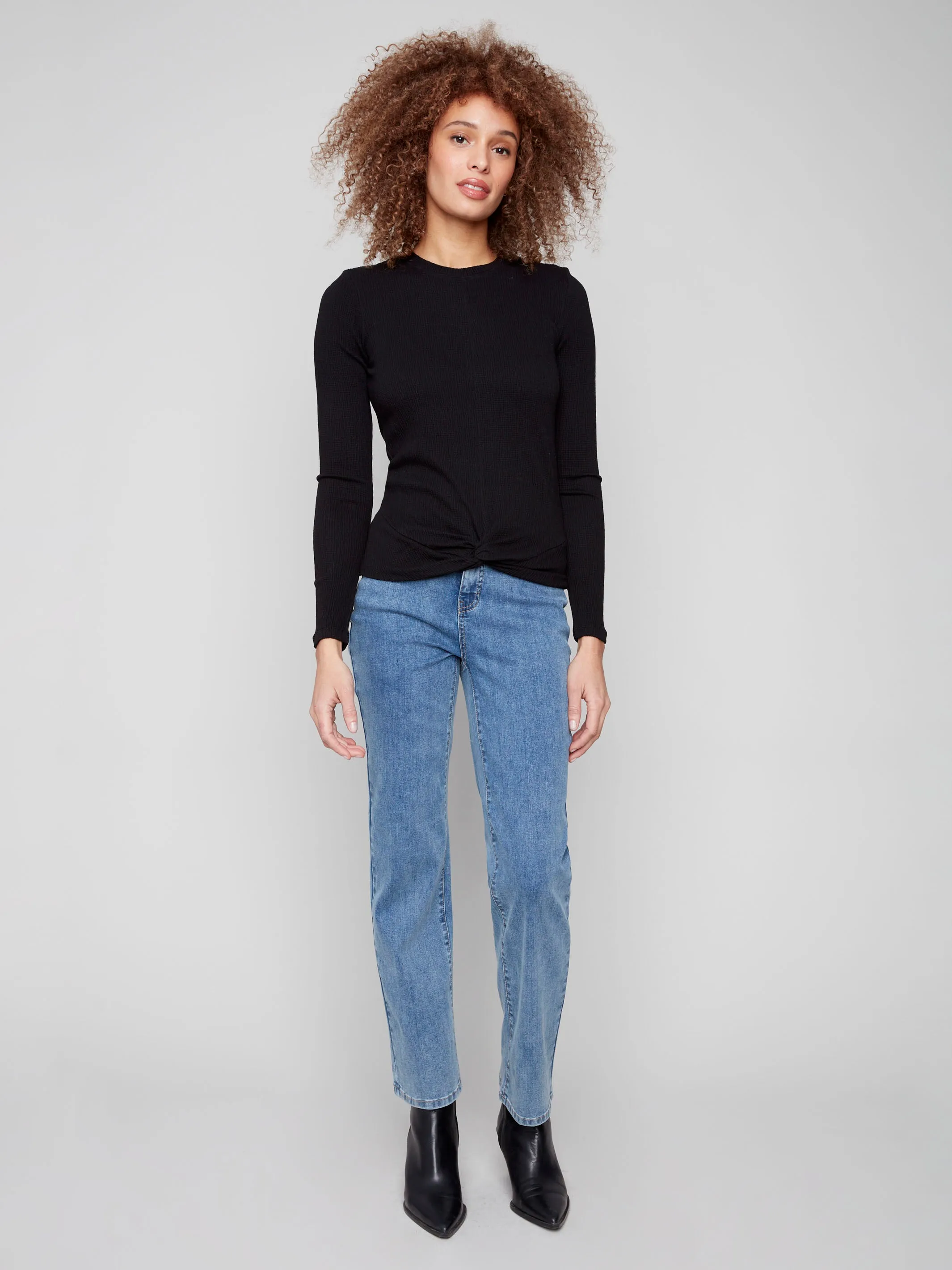 Relaxed Fit Shirt Textured Knit Top With Front Knot Detail - Black