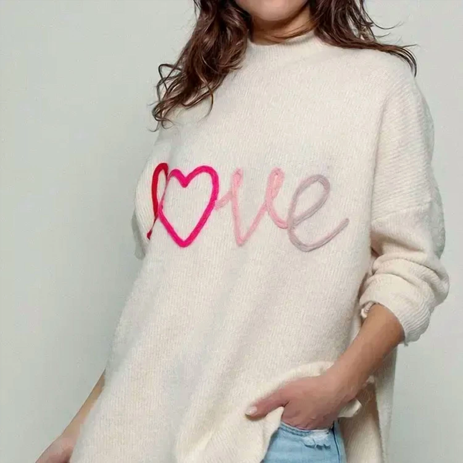 Snug Layers Cold-Weather Essential Oversized Love Embroidery Rib Knit Sweater In Pale Pink