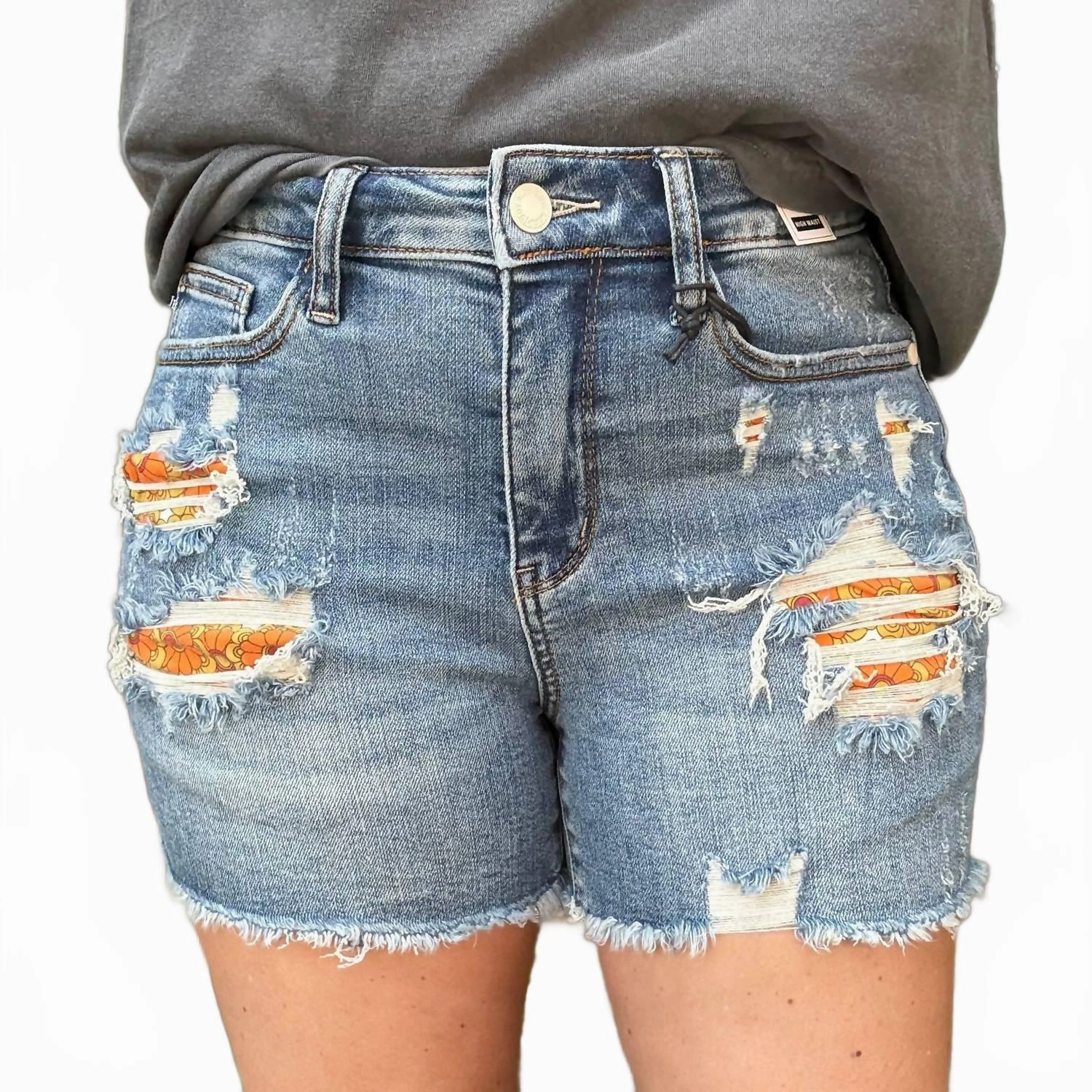 High Waisted Printed Lining Denim Shorts In Medium Wash FoldableDesign