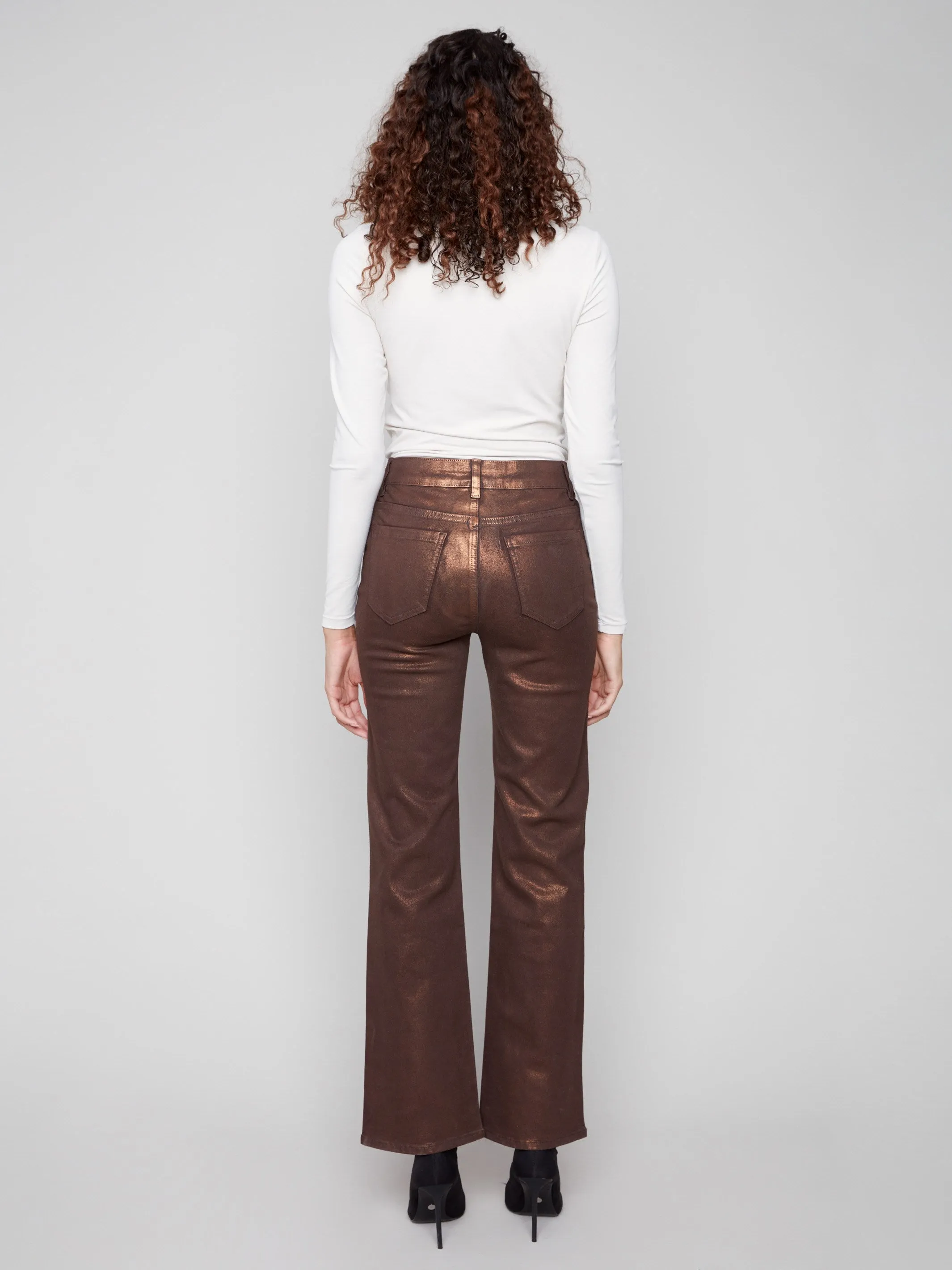 Patch Pocket Flare Metallic Twill Pants With Rivets - Bronze Minimalist Fit No Ride Up Design