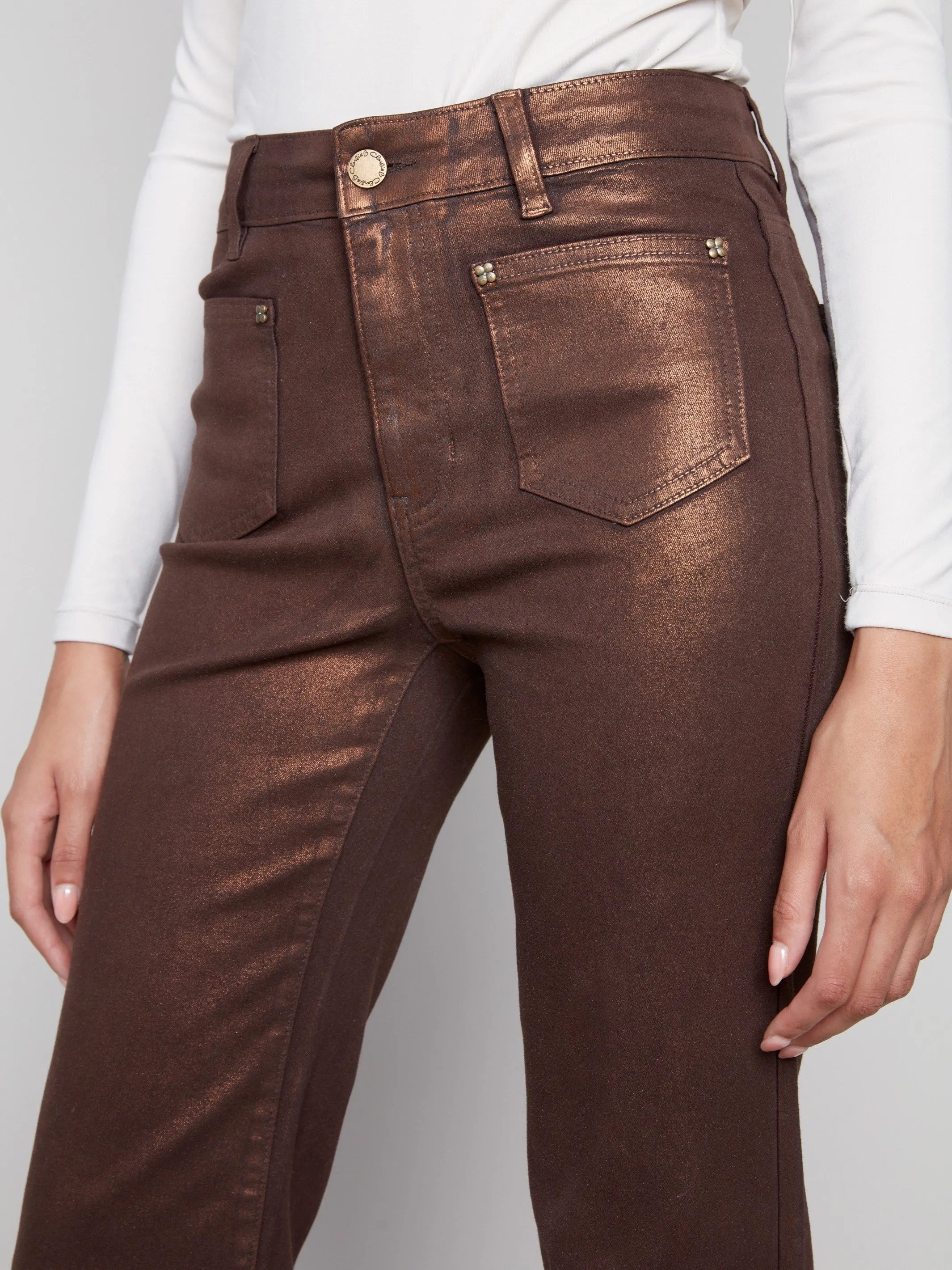 LowProfileStitching Fit Freedom Patch Pocket Flare Metallic Twill Pants With Rivets - Bronze