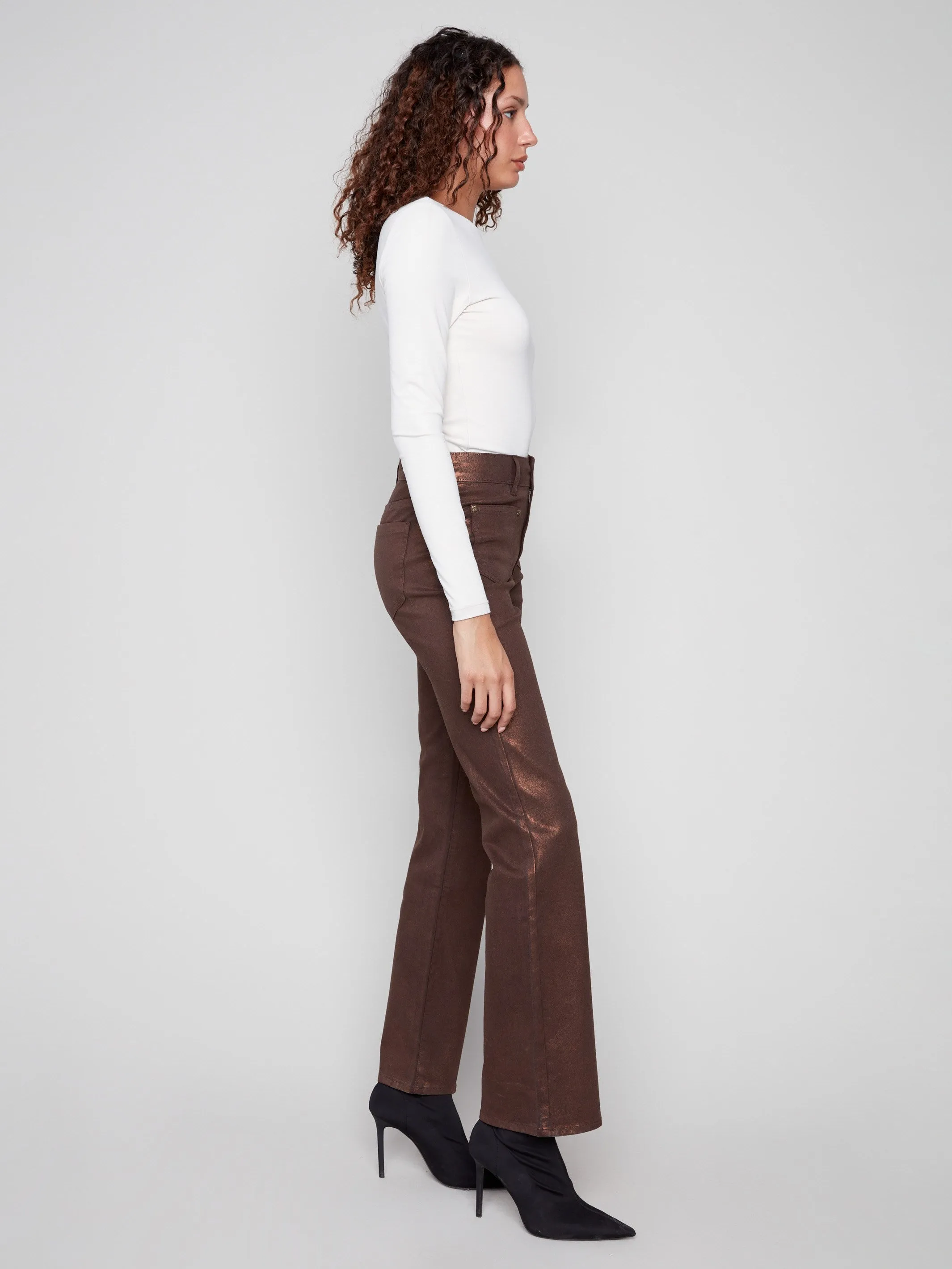 Patch Pocket Flare Metallic Twill Pants With Rivets - Bronze Metallic accents