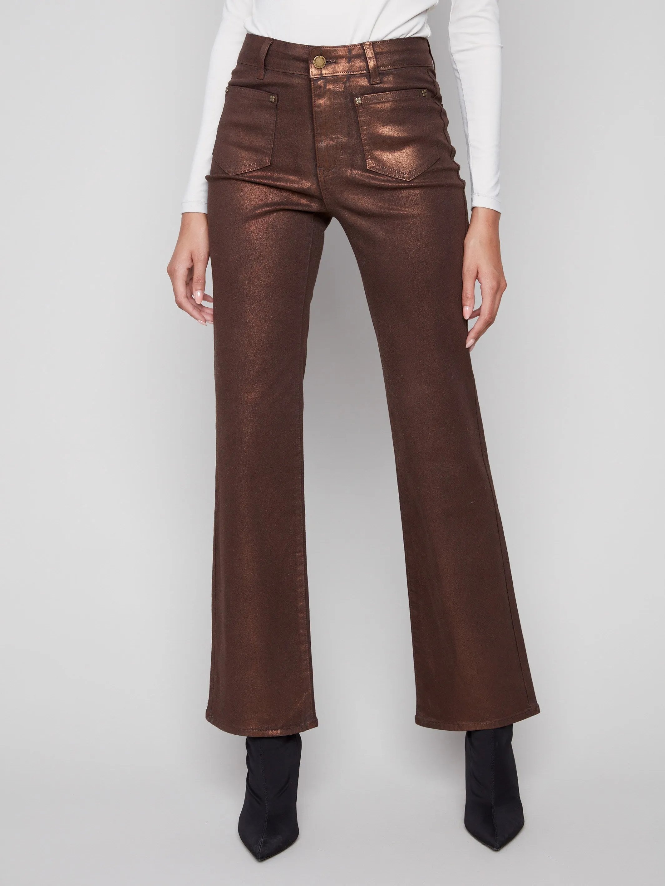 Patch Pocket Flare Metallic Twill Pants With Rivets - Bronze Durable Comfort Cool Weather