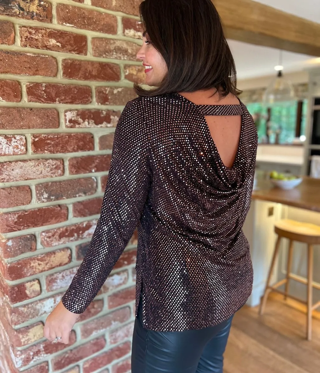 ContouredPanels Gold Sparkle Cowl Back Tunic Top