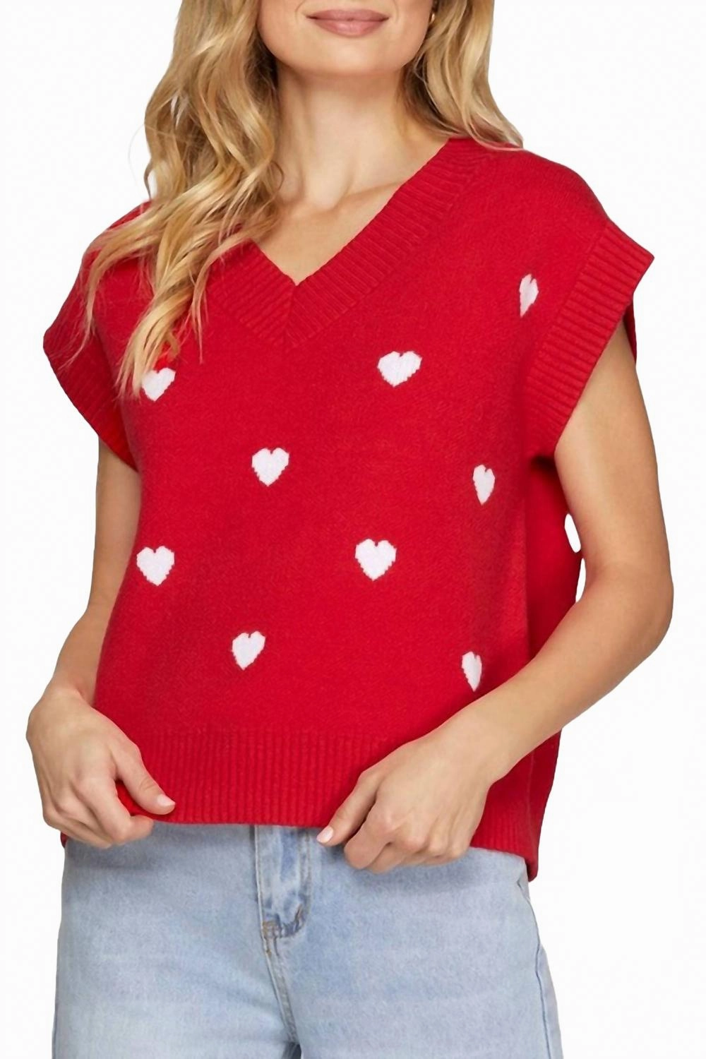 Snuggly Pieces V-Neck Heart Pattern Sweater Vest In Red