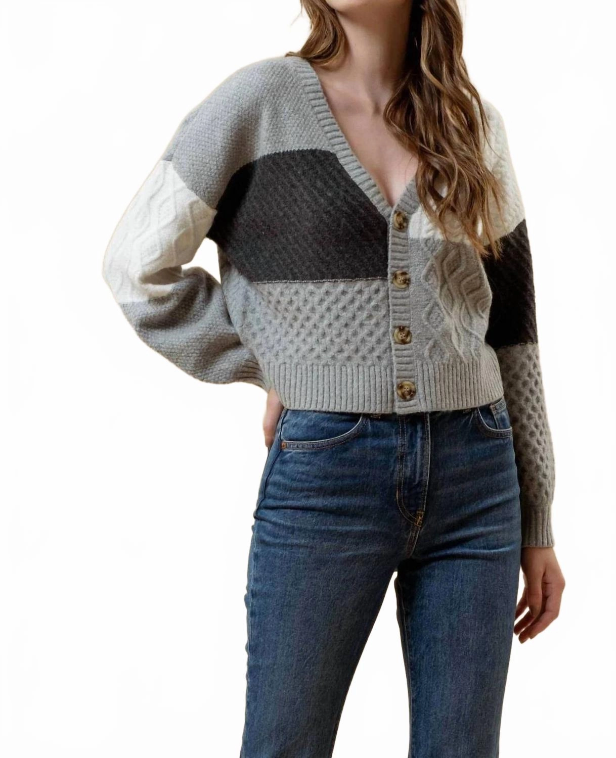 V-Neck Patchwork Cable Knit Cardigan In Charcoal Multi Layered Warmth Classic Knit