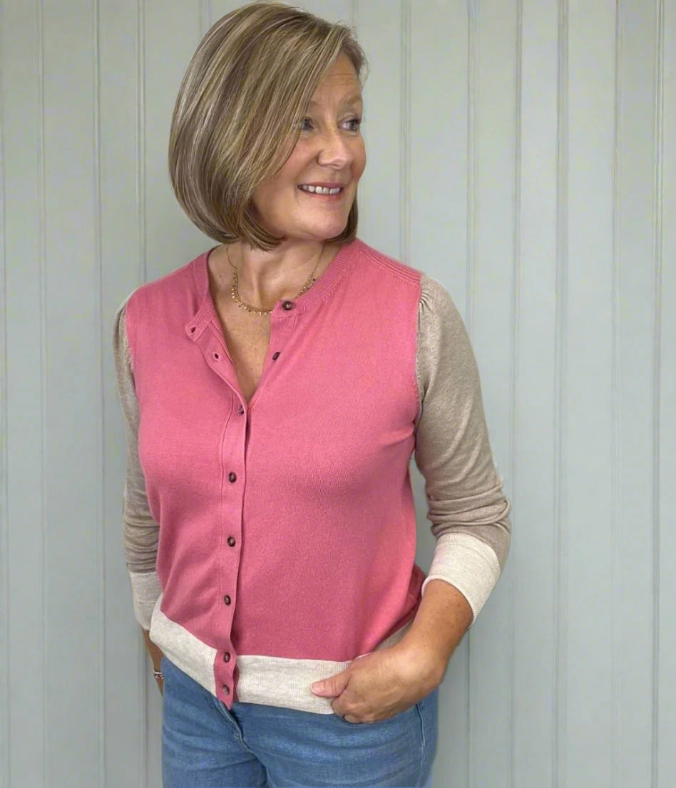 All Day Fit Natural Fiber Blend Womens Pink Colour Block Cardigan