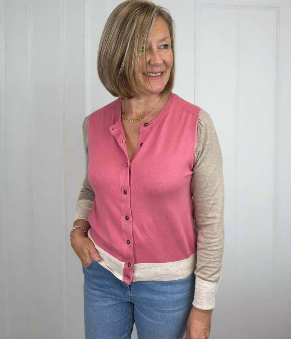 Womens Pink Colour Block Cardigan Micro Gauge Knitting