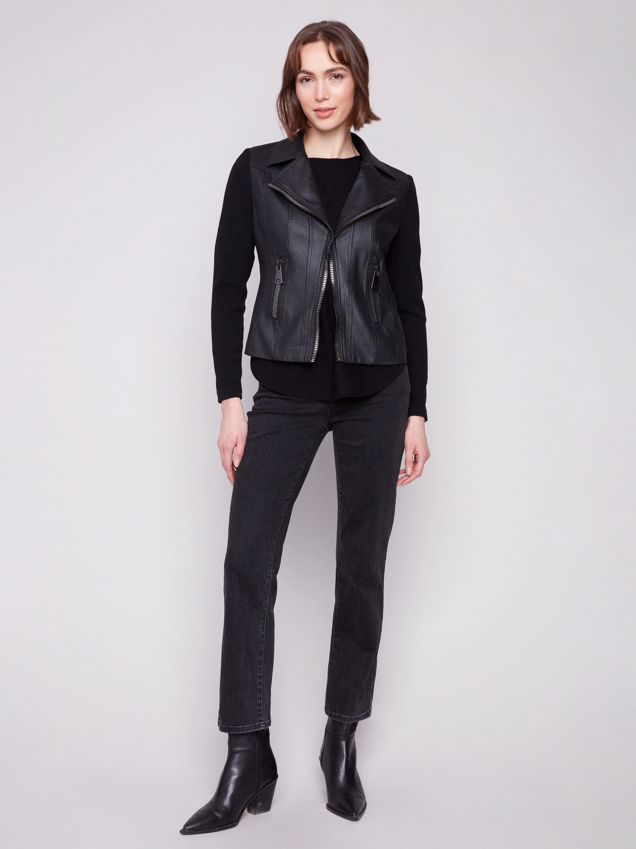 Vintage Metallic Faux Leather And Rib Knit Jacket - Black ElasticWaistband Tailored Silhouette