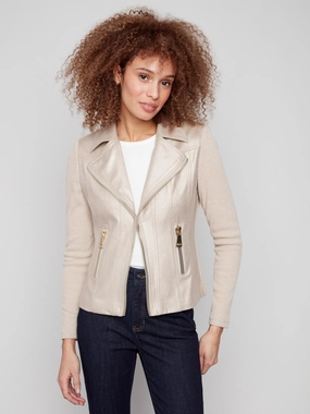 Durable AbrasionResistant Panels Vintage Metallic Faux Leather And Rib Knit Jacket - Brass