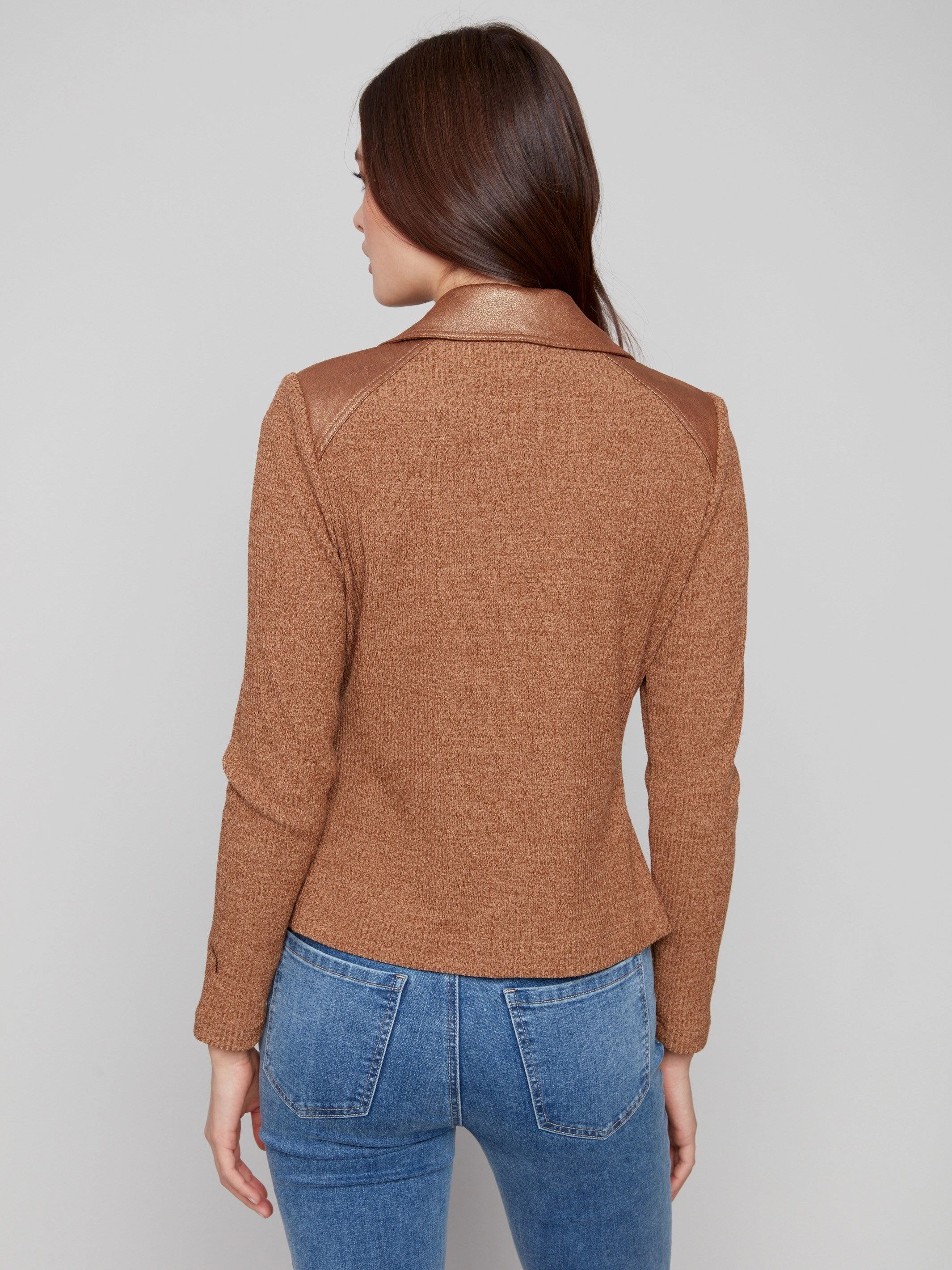 Vintage Metallic Faux Leather And Rib Knit Jacket - Copper Fall Outfit