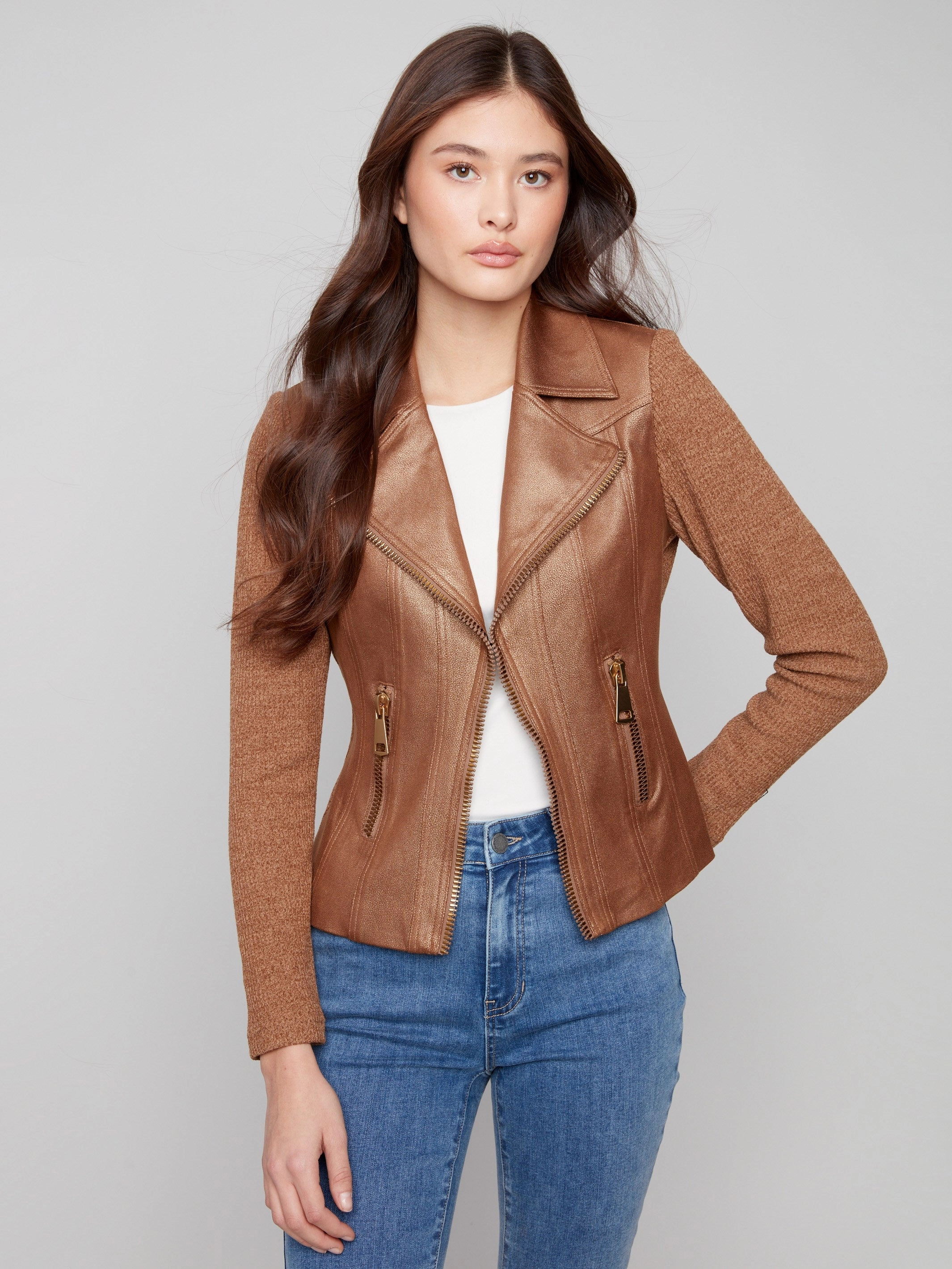 ErgonomicSleeveCut Vintage Metallic Faux Leather And Rib Knit Jacket - Copper