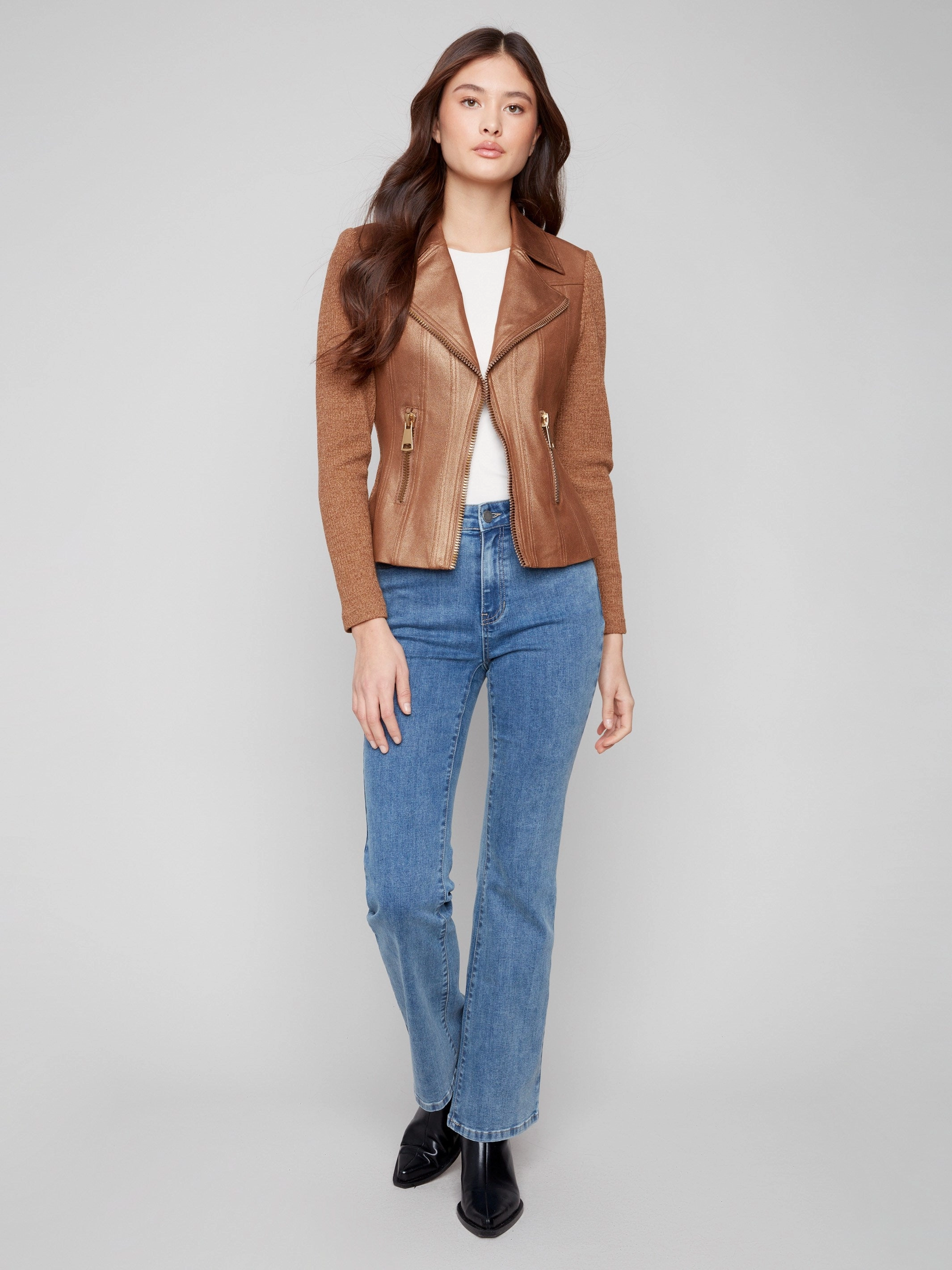 Vintage Metallic Faux Leather And Rib Knit Jacket - Copper Comfort Fit