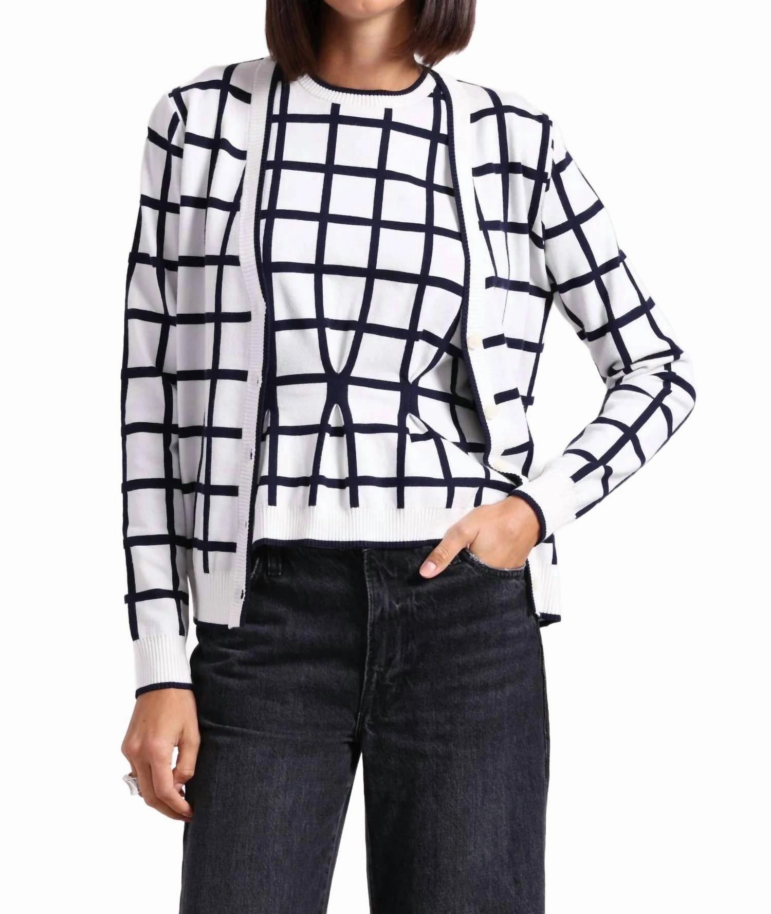 Viscose Windowpane V-Neck Cardigan In White/navy Abrasion Resistant Edging
