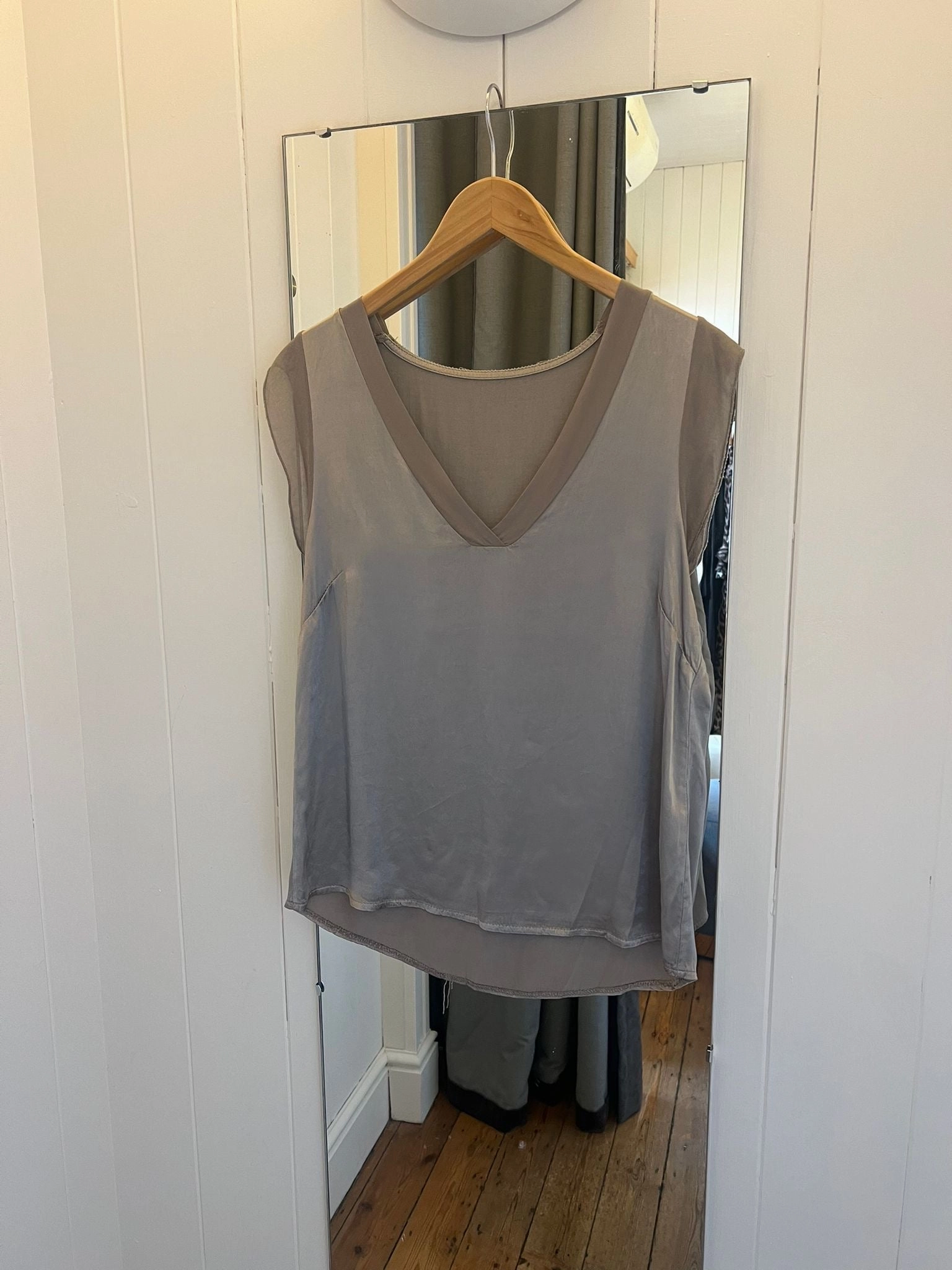 Voy 22684 Chiffon Vest - Taupe Sheer Overlay Material