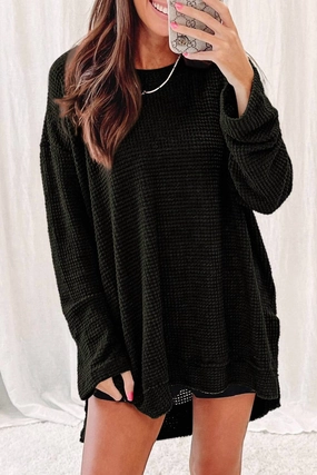 Waffle Knit High Slits Long Sleeve In Black Layering Options