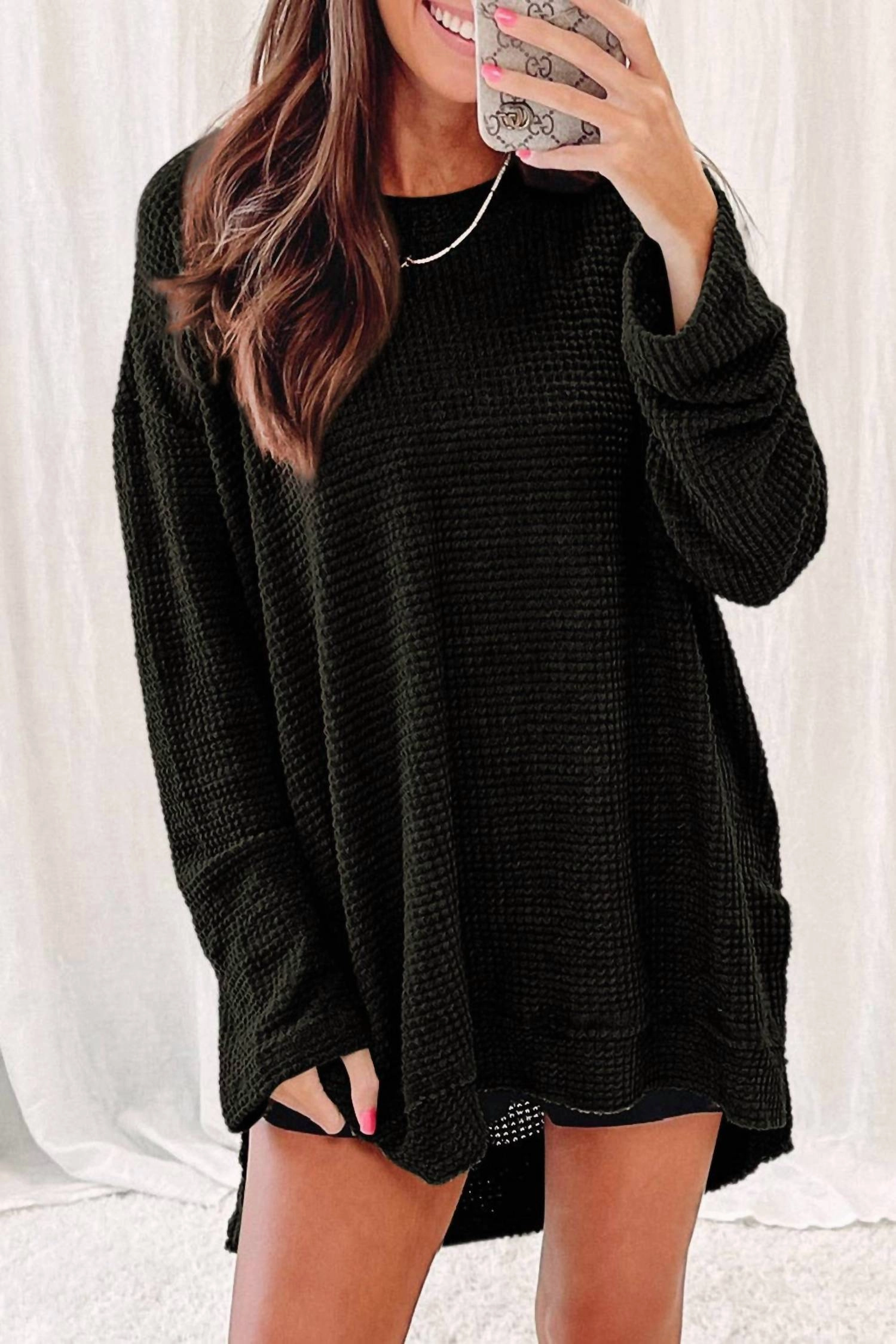 Waffle Knit High Slits Long Sleeve In Black Layering Options